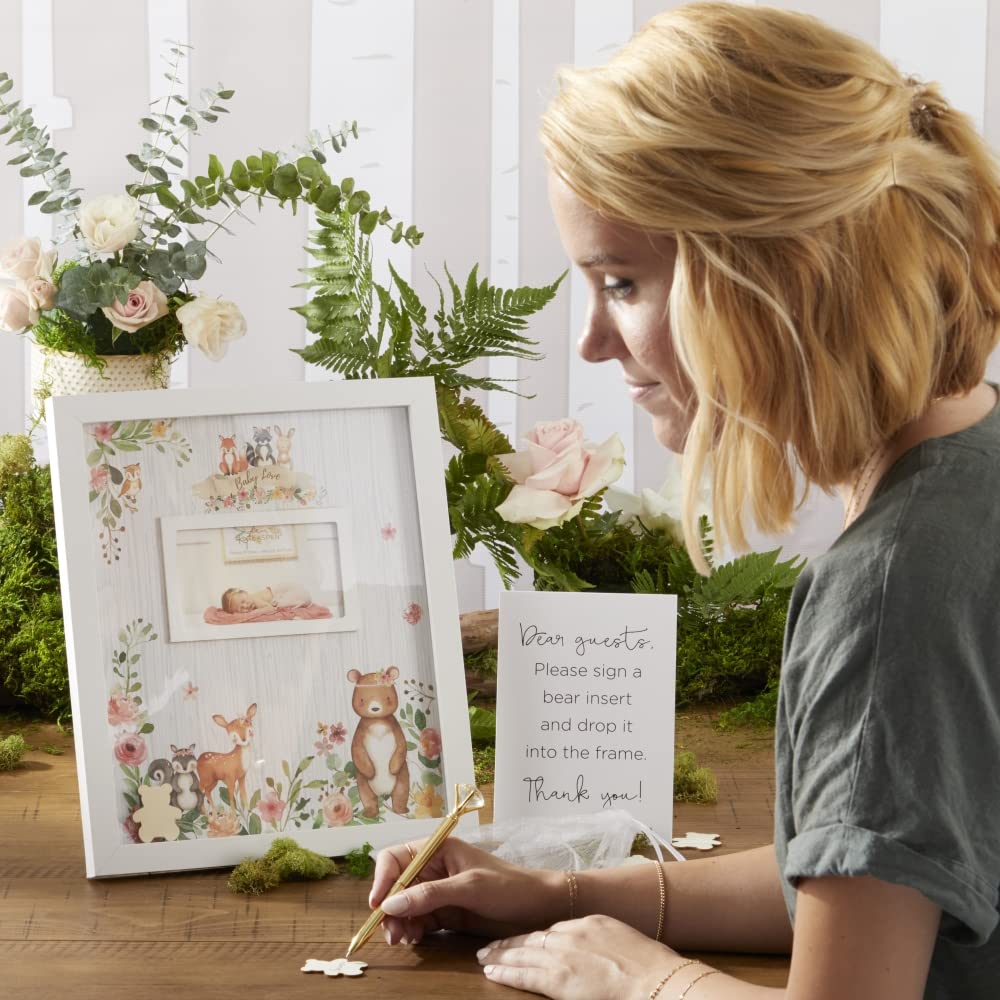 Kate Aspen pink woodland baby shower guestbook frame with photo slot for memories.