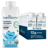 Kate Farms Organic Pediatric 1.2 chocolate shake bottle with 12 g protein per serving.