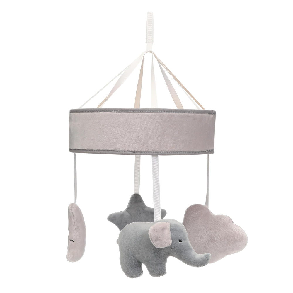 Kate and Milo elephant mobile over crib with plush shapes for visual stimulation.