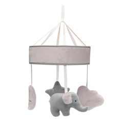 Kate and Milo elephant mobile over crib with plush shapes for visual stimulation.