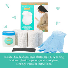 Kate & Milo non-toxic plaster tape rolls arranged for a smooth belly cast experience.