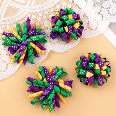 KCHIES curly korker bow hair clip with purple-gold-green colors and polka dots