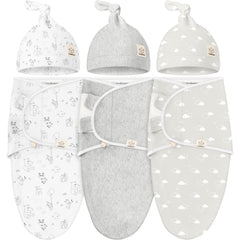 KeaBabies 3-pack swaddles with hats for secure, cozy wrapping during newborn months