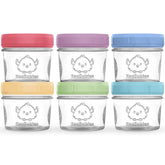 KeaBabies 6-pack glass jars with lids showing airtight seal for fresh snacks.