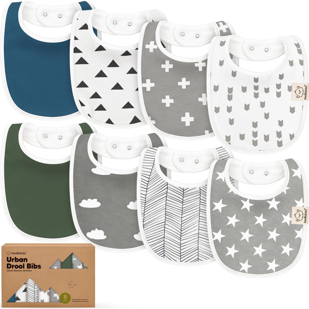 KeaBabies 8-pack bibs laid flat, unisex and ready for daily protection.