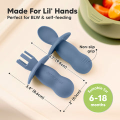 KeaBabies baby-led weaning utensils with anti-choke barrier for safe practice.