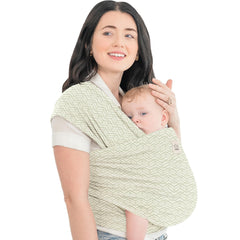 KeaBabies Baby Wrap Carrier model wearing the ergonomic wrap for day-long comfort
