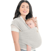 KeaBabies Rhino Gray wrap worn for comfortable all-day wearing.