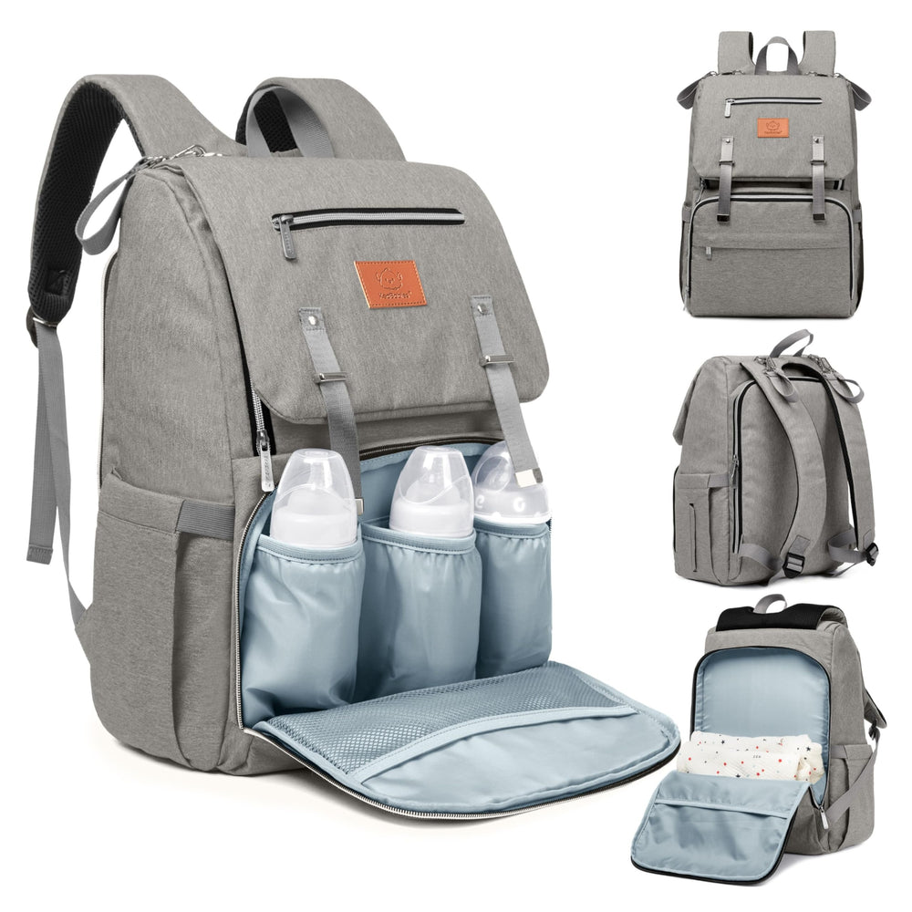 KeaBabies Explorer diaper bag backpack front view showing organized storage for busy parents.