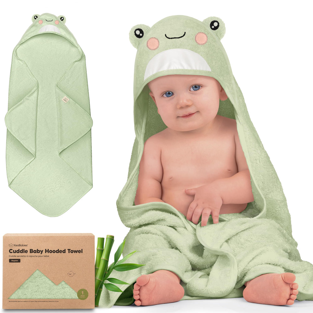 KeaBabies hooded towel with frog design keeps newborn dry and cozy after bath