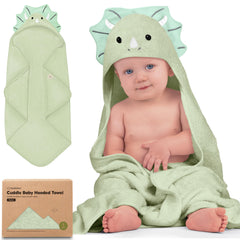Keababies hooded towel with Triceratops design keeps baby warm after bath.