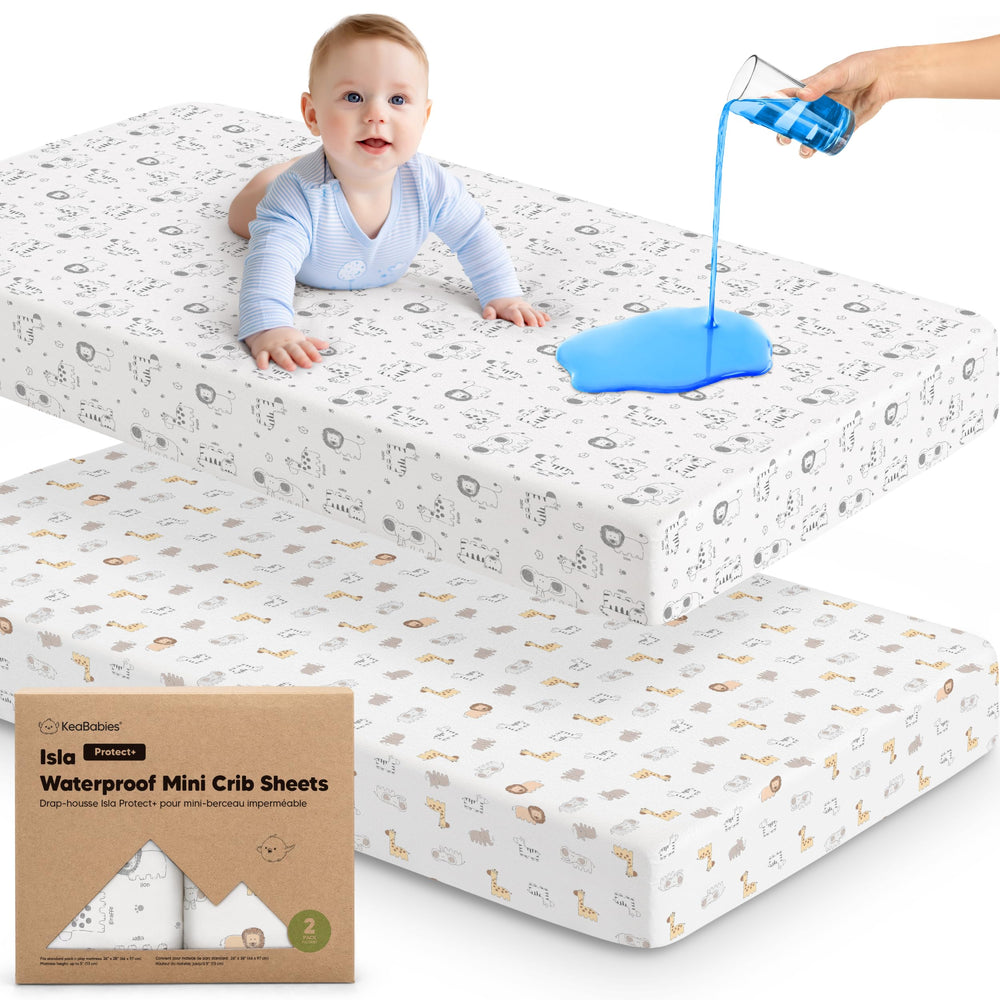 KeaBabies Isla Protect mini crib sheet pack with two waterproof sheets for spills