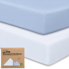 KeaBabies Isla Protect+ crib sheet blue flax flatlay showing neutral design and waterproof protection