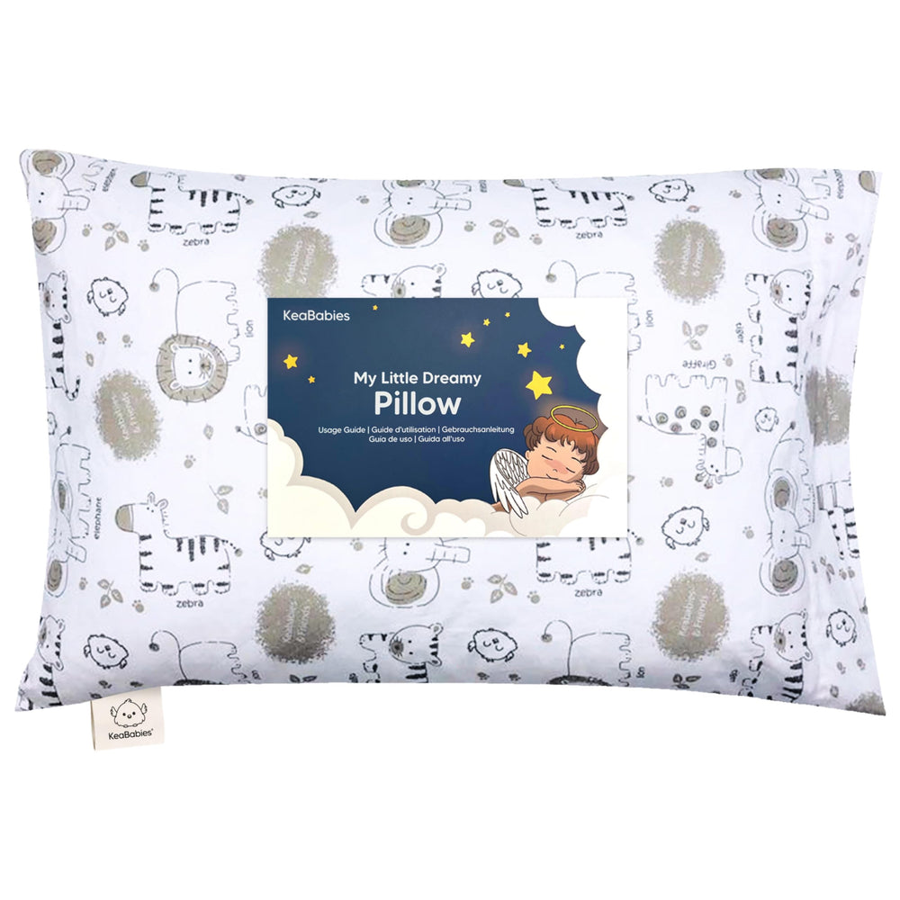 KeaBabies KeaSafari toddler pillow on a bed showing the 13x18 size for restful sleep