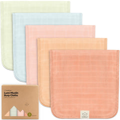 KeaBabies Lumi burp cloths 5-pack laid out for newborn protection and absorbent use.