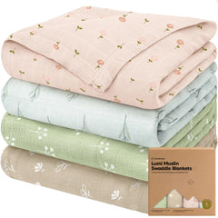 KeaBabies Lumi Muslin swaddle blanket pack shown in packaging for gifting and easy swaddling.