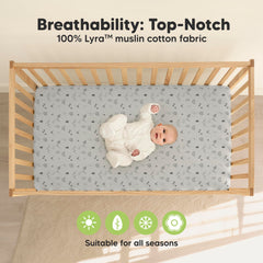 Folded KeaBabies Lyra crib sheet shows durable stitching ready for daycare use