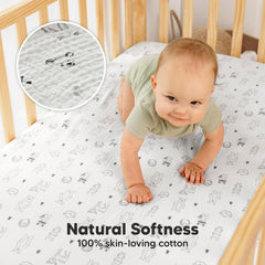 KeaBabies Lyra sheets on mattress demonstrate easy, quick setup with SnugFit elastic