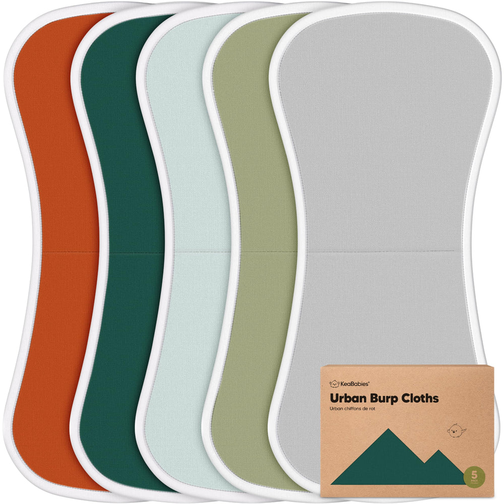 KeaBabies organic burp cloths 5-pack in Hunter color, soft and absorbent for messes.