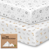 KeaBabies waterproof mini crib sheet on a Graco Pack 'n Play mattress (38x26).
