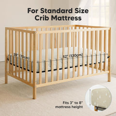 KeaBabies Pine Grove snugfit tech stretch demonstrates easy fitting on standard crib.