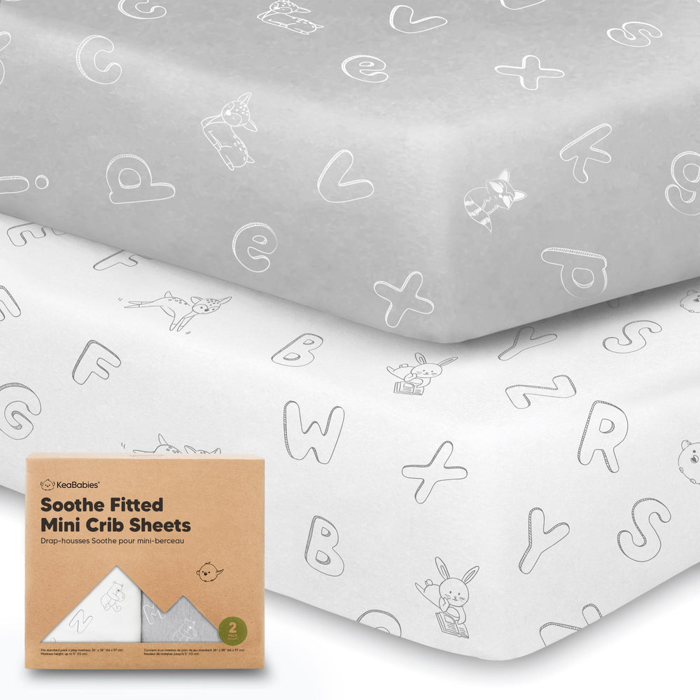 KeaBabies Soothe mini crib sheets front view, quick fit for a 38x26 Pack N Play.