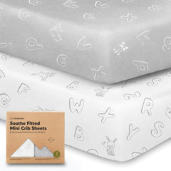 KeaBabies Soothe mini crib sheets front view, quick fit for a 38x26 Pack N Play.