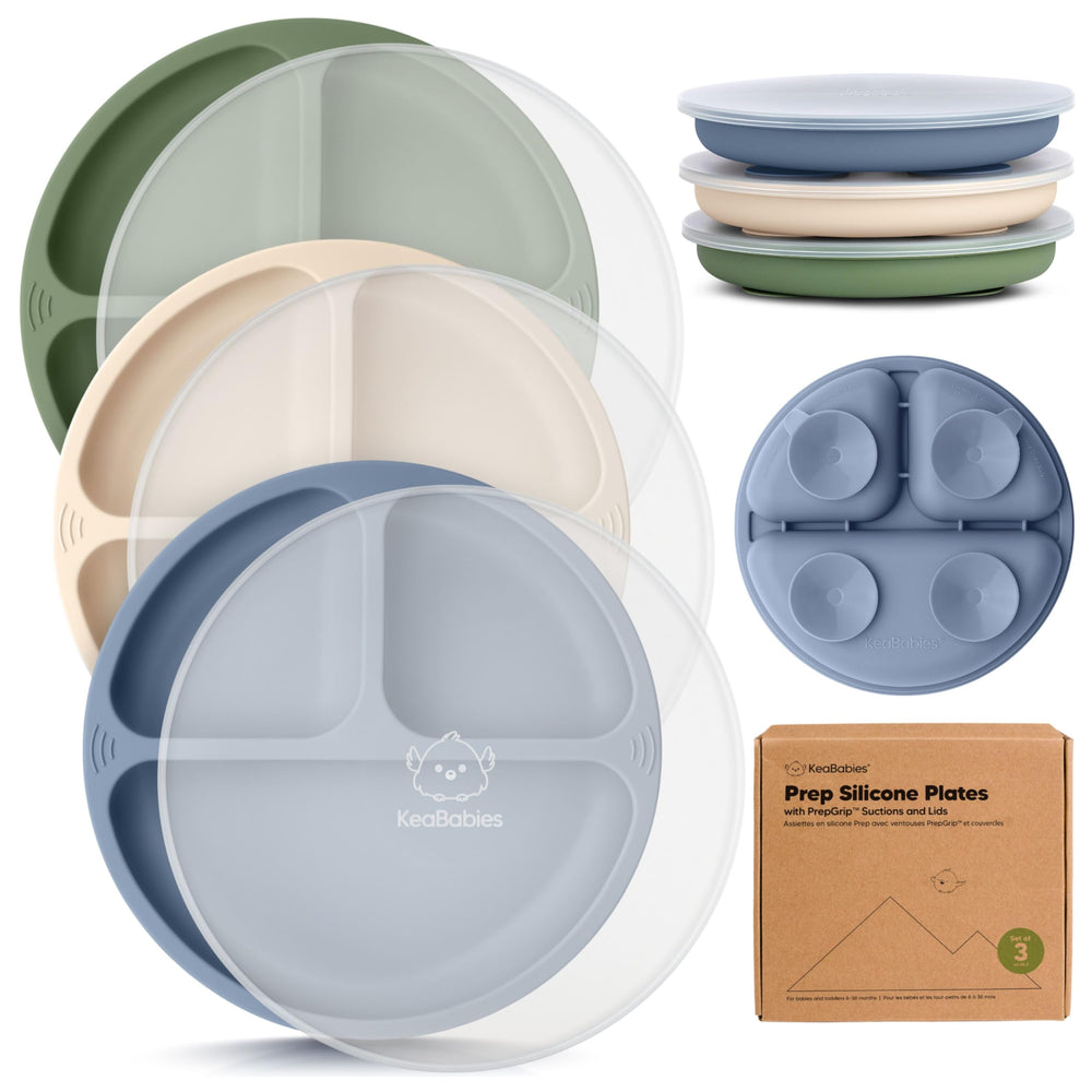 KeaBabies suction plate with lid closeup showing strong PrepGrip for mess-free meals.