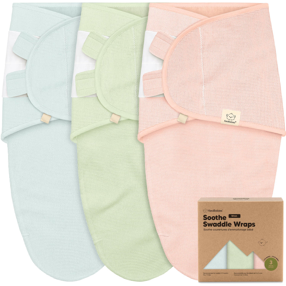KeaBabies Soothe Wren Swaddle Pack front view shows secure newborn wrap for comfort