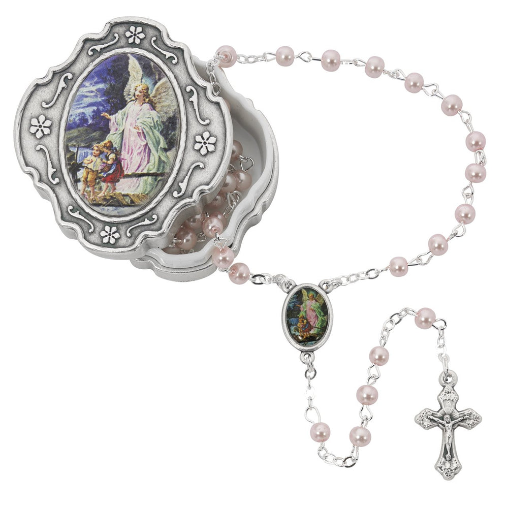 KeegansCatholicTreasures guardian angel box with pink rosary for baptism keepsake
