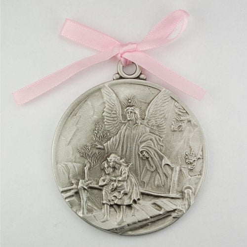 KeegansCatholicTreasures guardian angel crib medal with pink ribbon, perfect baptism keepsake