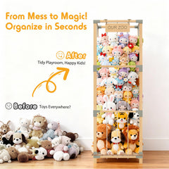 Keeswin 3-tier bamboo toy organizer showcasing space-saving vertical design.