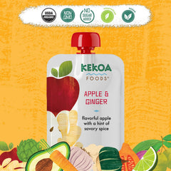 Kekoa Foods Apple Ginger Purée pouch being squeezed highlights easy feeding for babies