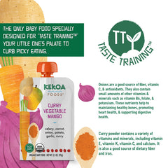Kekoa Foods organic ingredients close-up—celery, carrot, mango highlight.