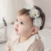 Kenjudess baby headband with white lace flower for newborns, soft and comfortable.
