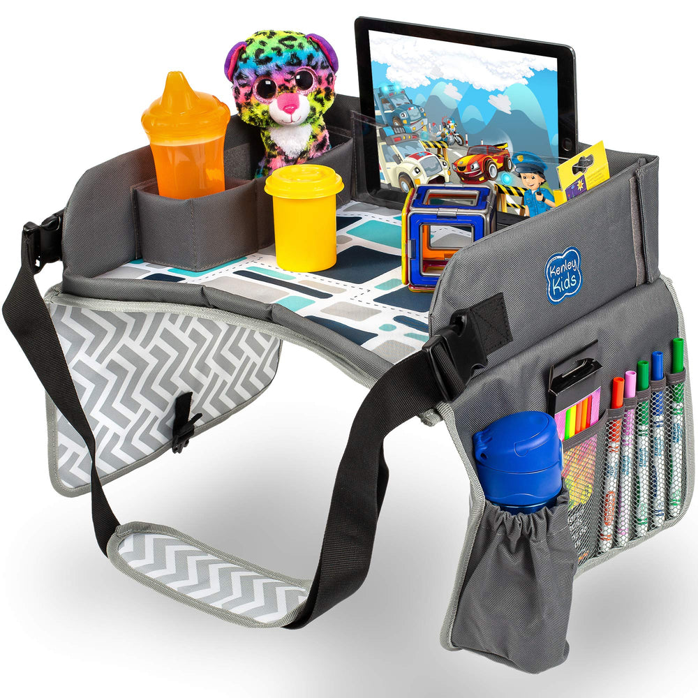 Kenley Kids Travel Tray main view in blue-gray showing backseat organization