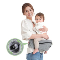 Kerata baby hip carrier front view showing ergonomic support for long walks.