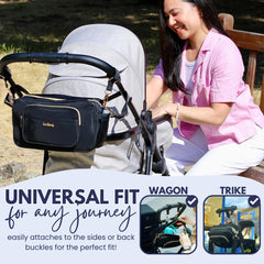 Kerilang stroller organizer with wipes pocket enables quick diaper changes on the move.