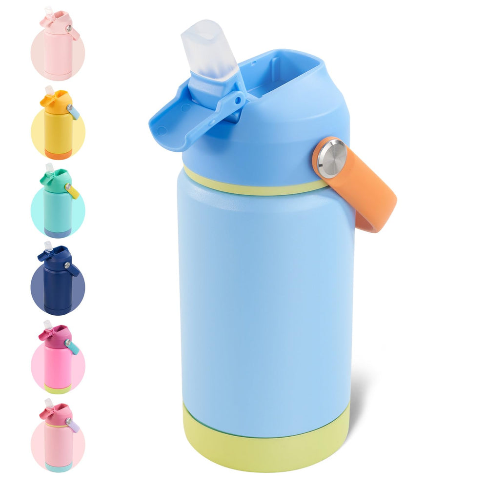 Kerilyn 12oz kids bottle sky front view demonstrates durable insulated bottle for everyday hydration.