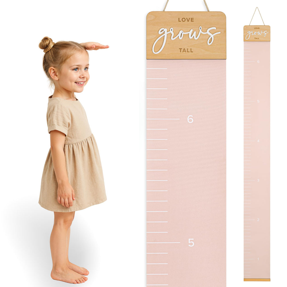 KIBAGA growth chart wall-mount in a nursery showing milestones with a timeless keepsake vibe.