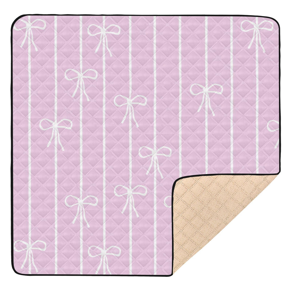 KICPOAY baby play mat pink bows and stripes, roomy 50x50 for safe crawling.