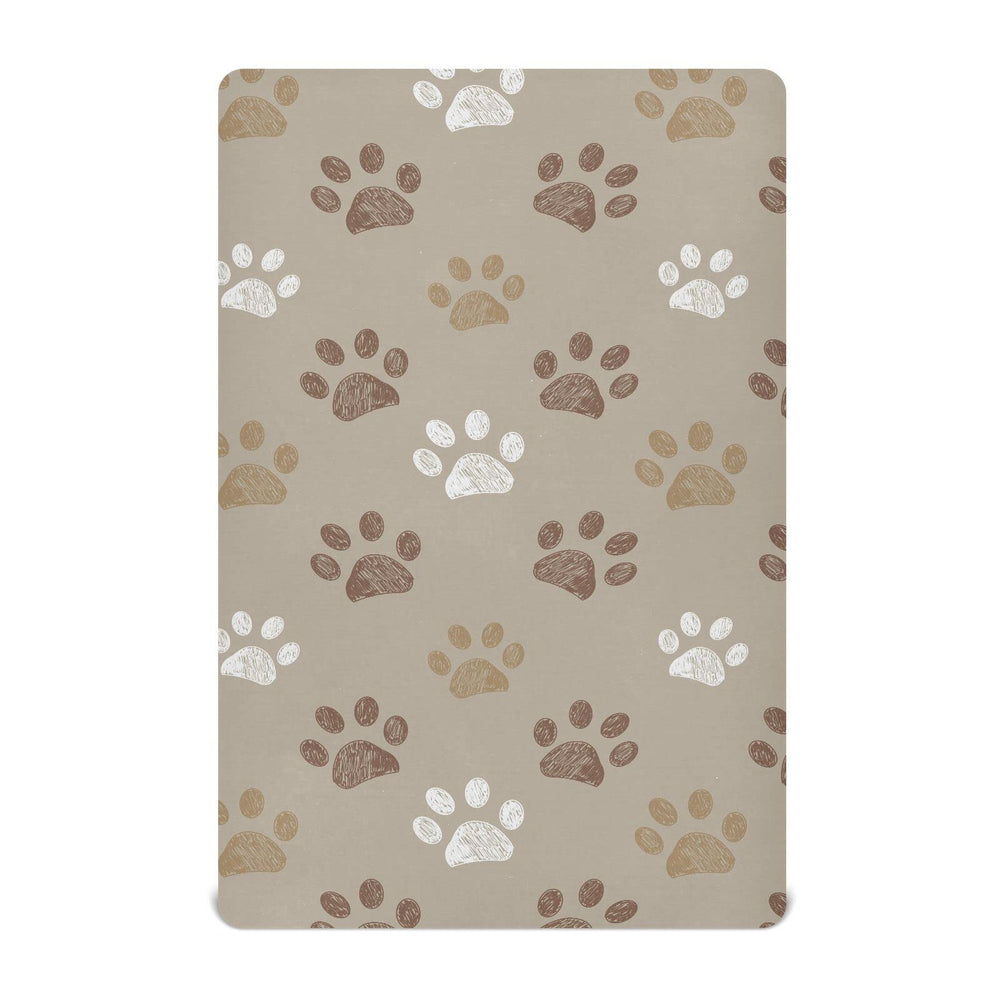 KICPOAY brown dog paws crib sheet close-up showing soft stretch fabric for baby comfort.