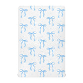 KICPOAY Coquette Blue Bow Watercolor playard sheet close-up, showcasing soft stretch fabric for comfort.
