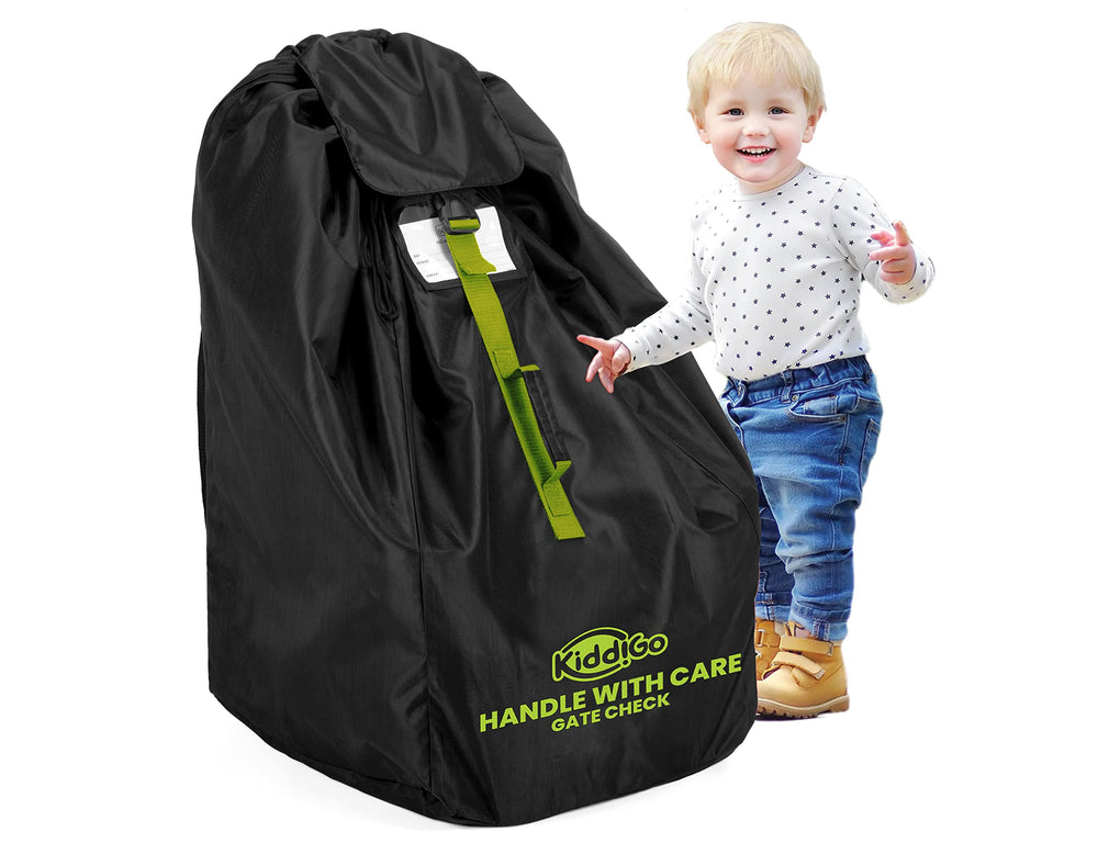 Kiddigo car-seat travel bag in black and green, front view for quick gate-check.