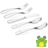 Kiddobloom kids utensil set in stainless steel with frog design, built for daily durability
