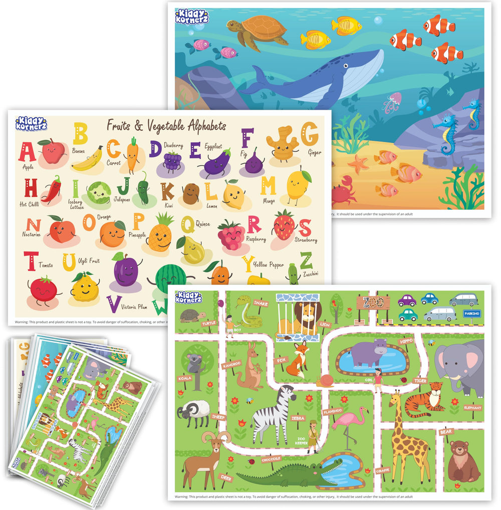KIDDYKORNERZ aquarium-themed placemats provide a spill-free dining surface for kids