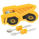 KidsFunwares dump-truck divided plate with kid-sized utensils for mealtime