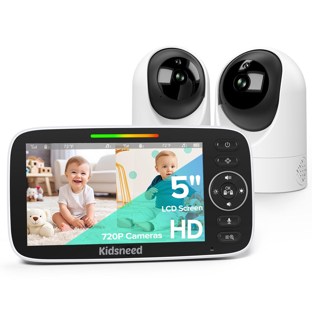 Kidsneed 5-inch display shows baby's room clearly for hands-free supervision.