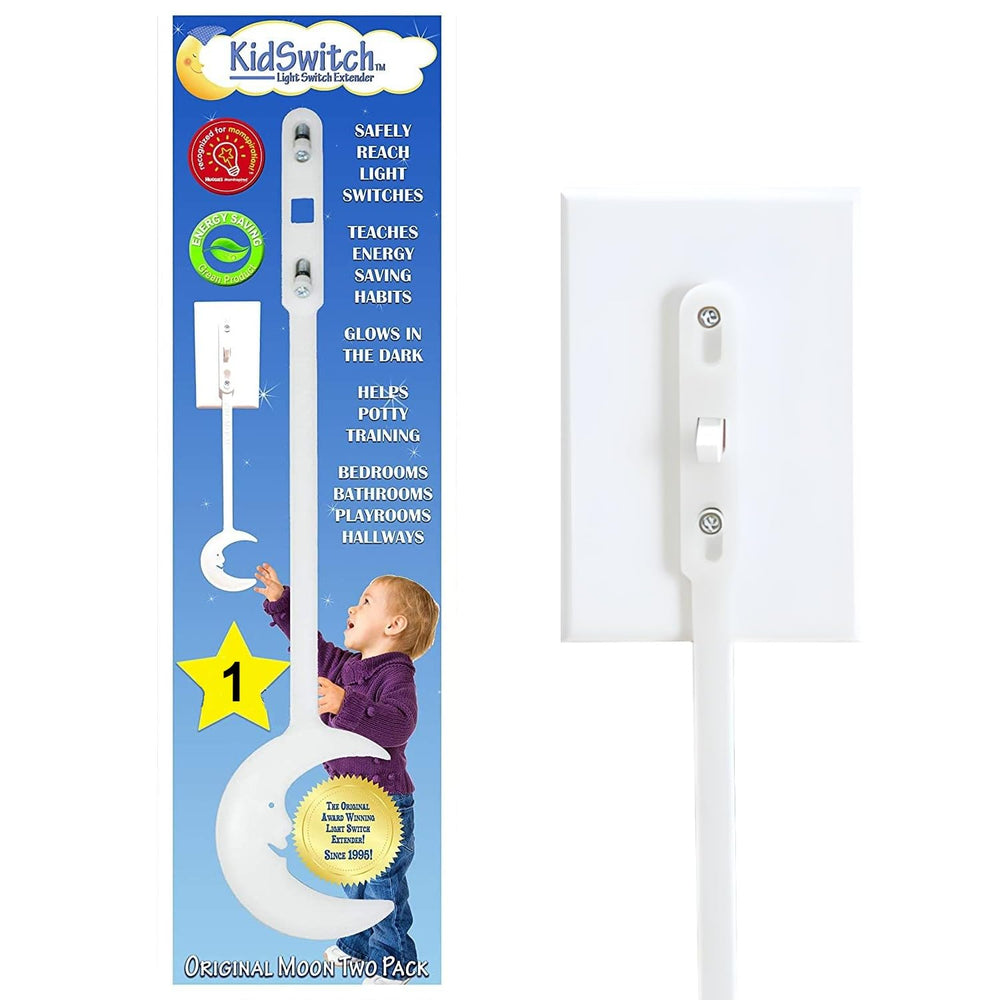 Kidswitch light switch extender glows in the dark for safer nighttime use.