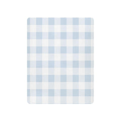 Kigai blue gingham crib sheet close-up showing the elastic band and deep pockets.